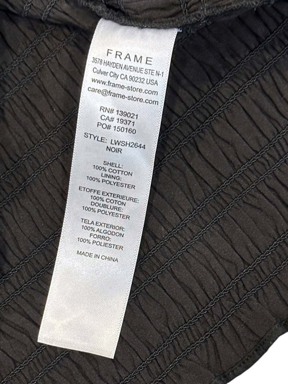 FRAME Smocked V-Neck Crinkled Cotton Blouson Sleeve Top Black Women Medium $348 - Picture 6 of 9